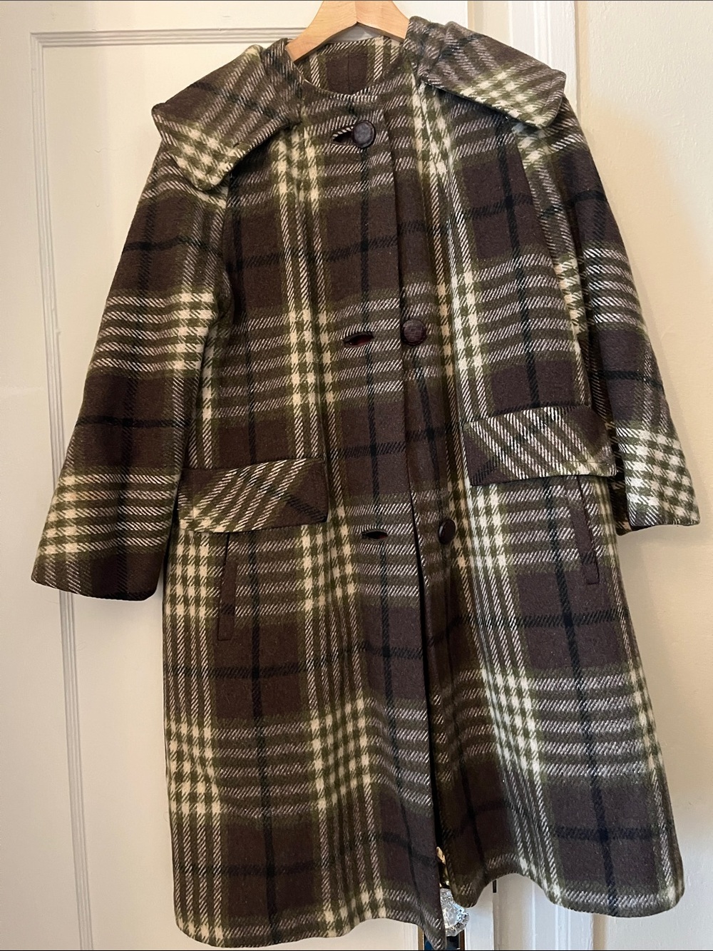 Vintage Plaid Wool-Blend Swing Coat in Brown and Cream
